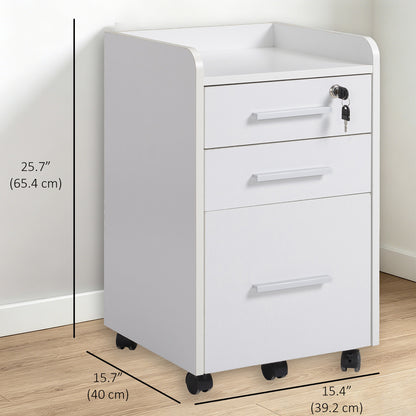3 Drawer File Cabinet with Lock and Edged Top, Lockable Filing Cabinet on Wheels for Letter and A4 Size, White