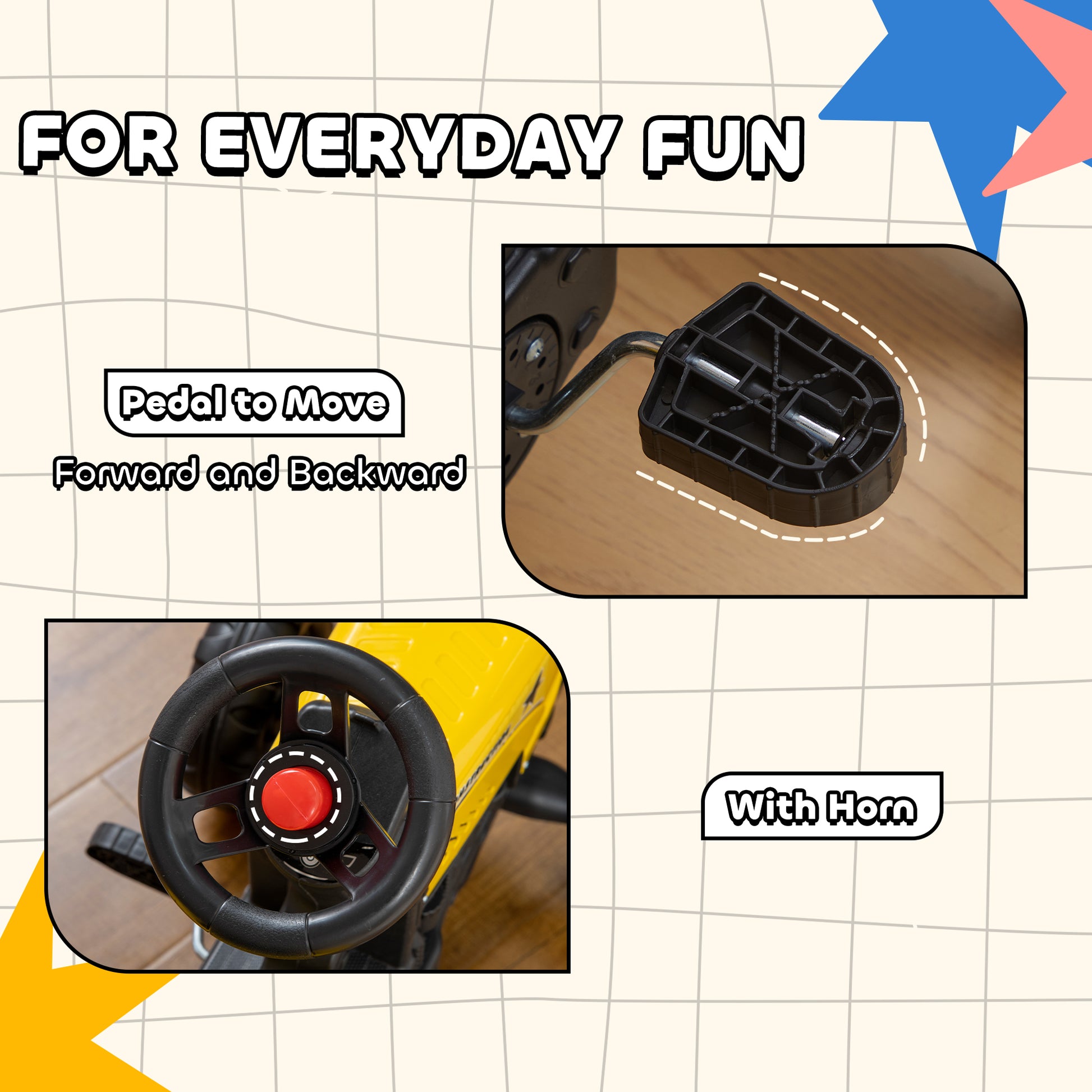 VarietyKart Ride on Excavator with Back Trailer, Shovel & Rake for 3+ Year Old