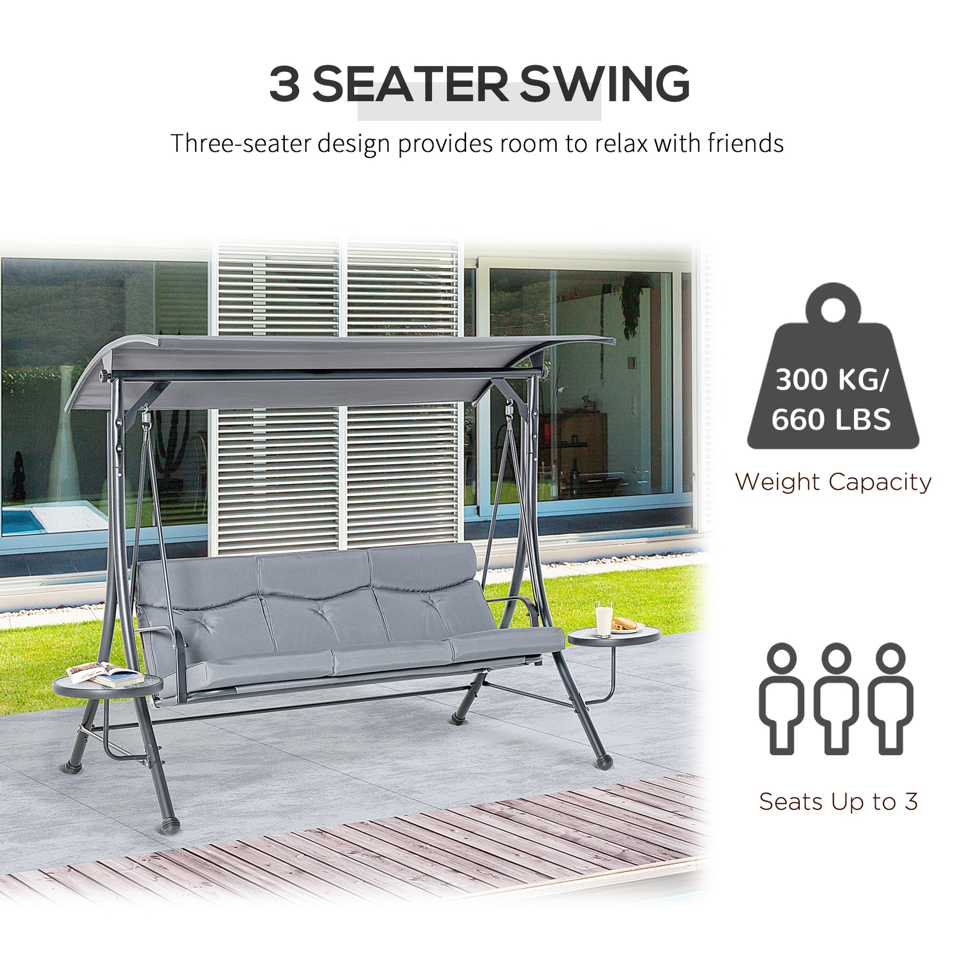 3 Seat Outdoor Swing Chair Steel Swing Bench Porch Swing With Adjustable Canopy, Coffee Tables and Cushion for Patio Gar