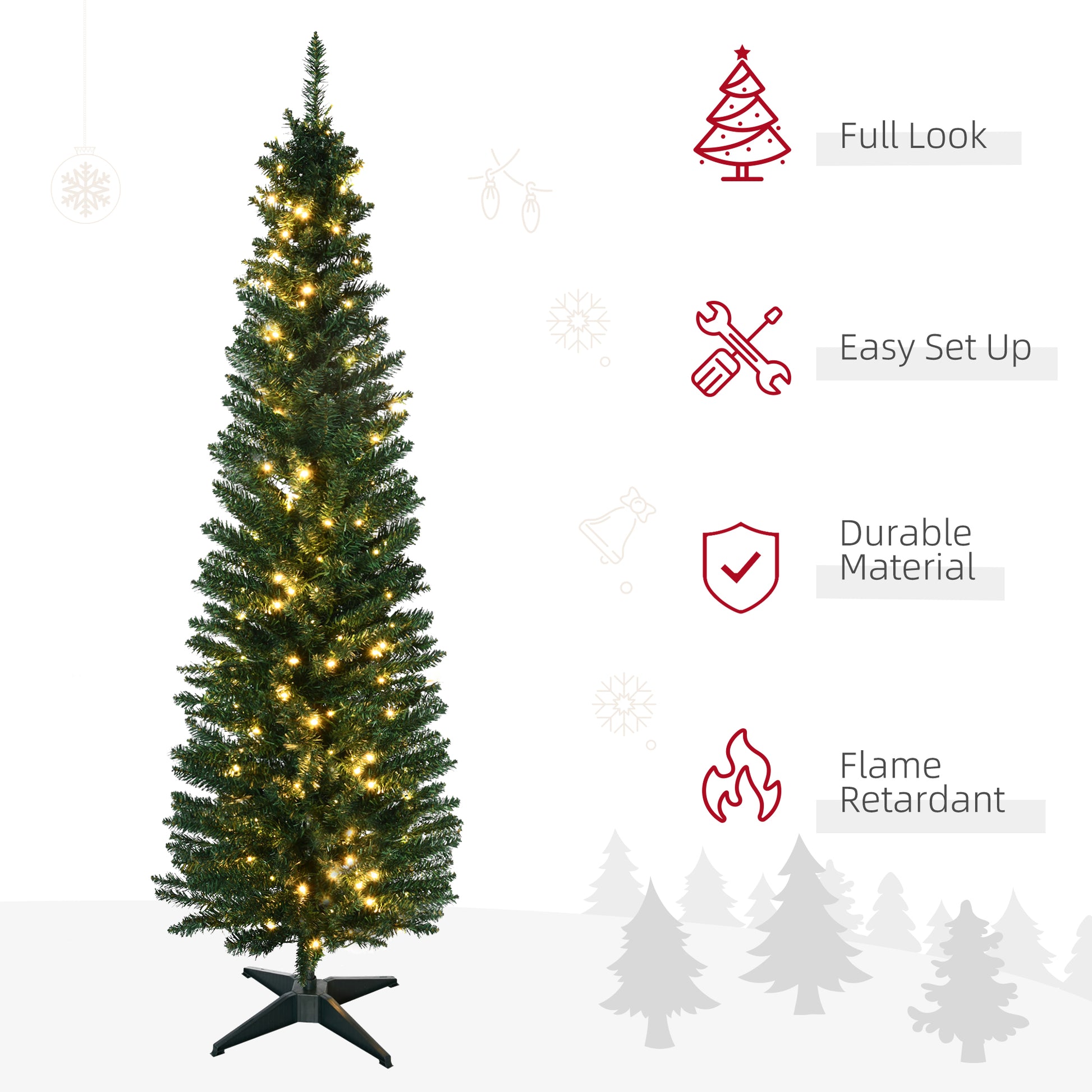 6' Pre Lit Artificial Pencil Christmas Trees, Xmas Tree with Realistic Branches and Warm White LED Lights, Green