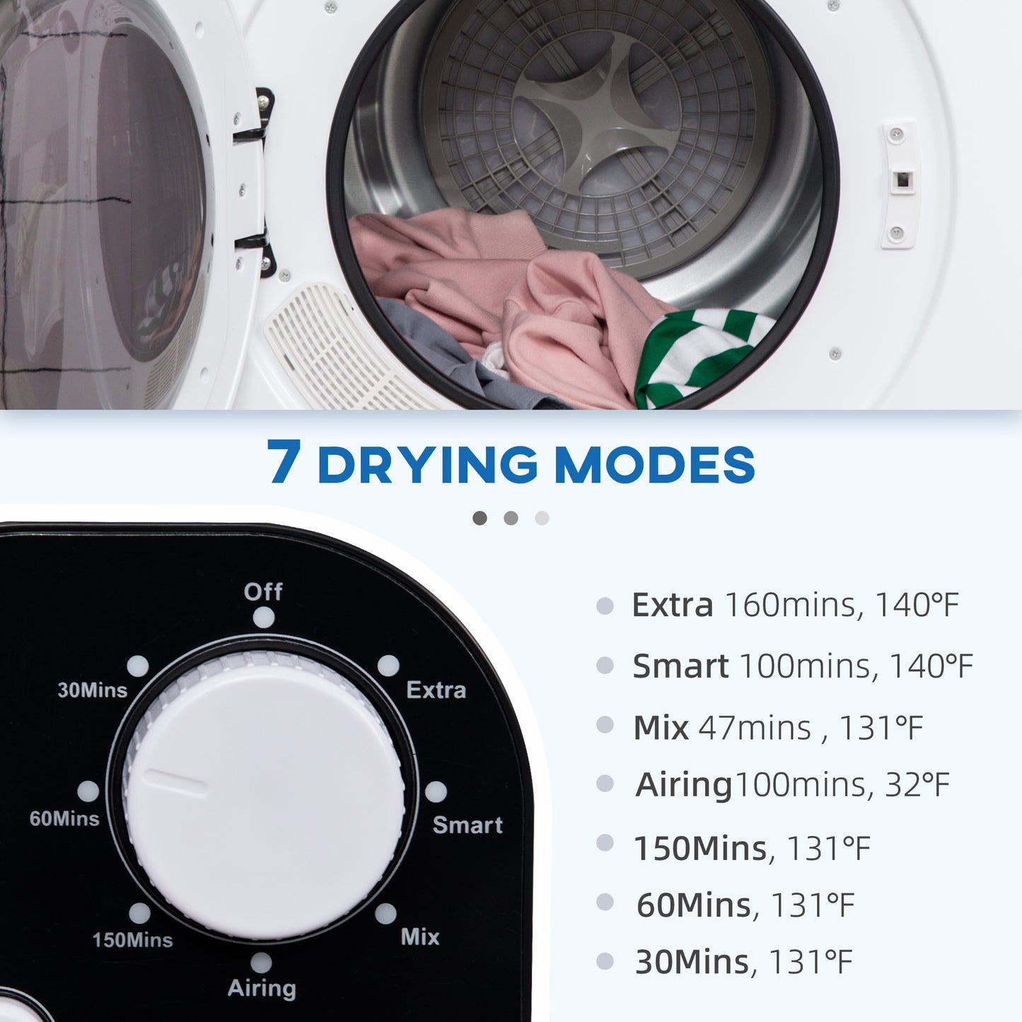 Compact Laundry Dryer Machine, 1300W, 3.22 Cu. Ft. Electric Portable Clothes Dryer with 7 Drying Modes for Apartment or 