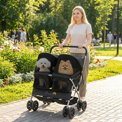 Double Pet Stroller, Foldable Dog Stroller with 2-Seater Carrier, Sunshade, Removable Pad, Safety Belt, Storage Basket