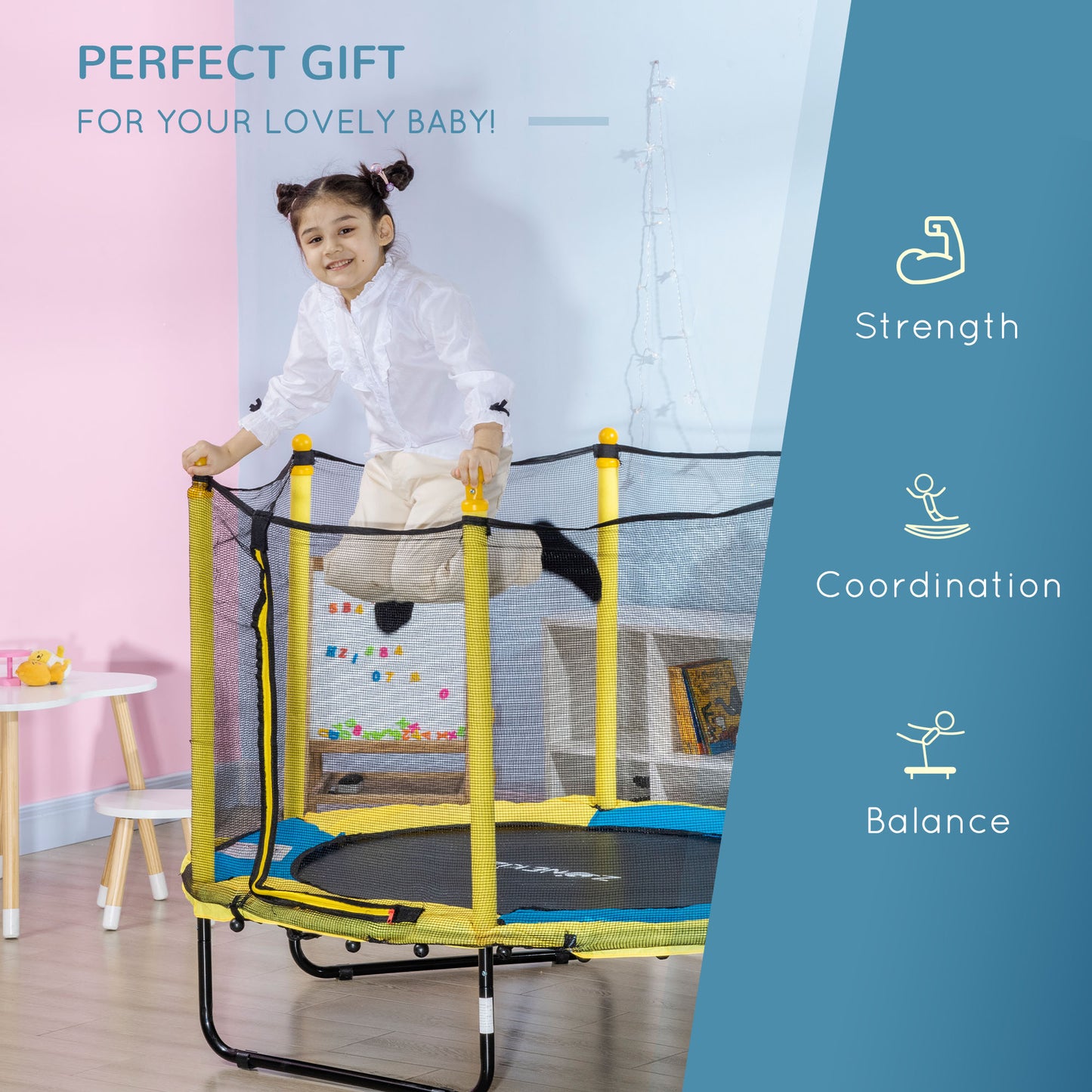 Qaba 4.6FT Trampoline for Kids with Enclosure Net for Ages 3-6, Indoor Outdoor Use, Yellow