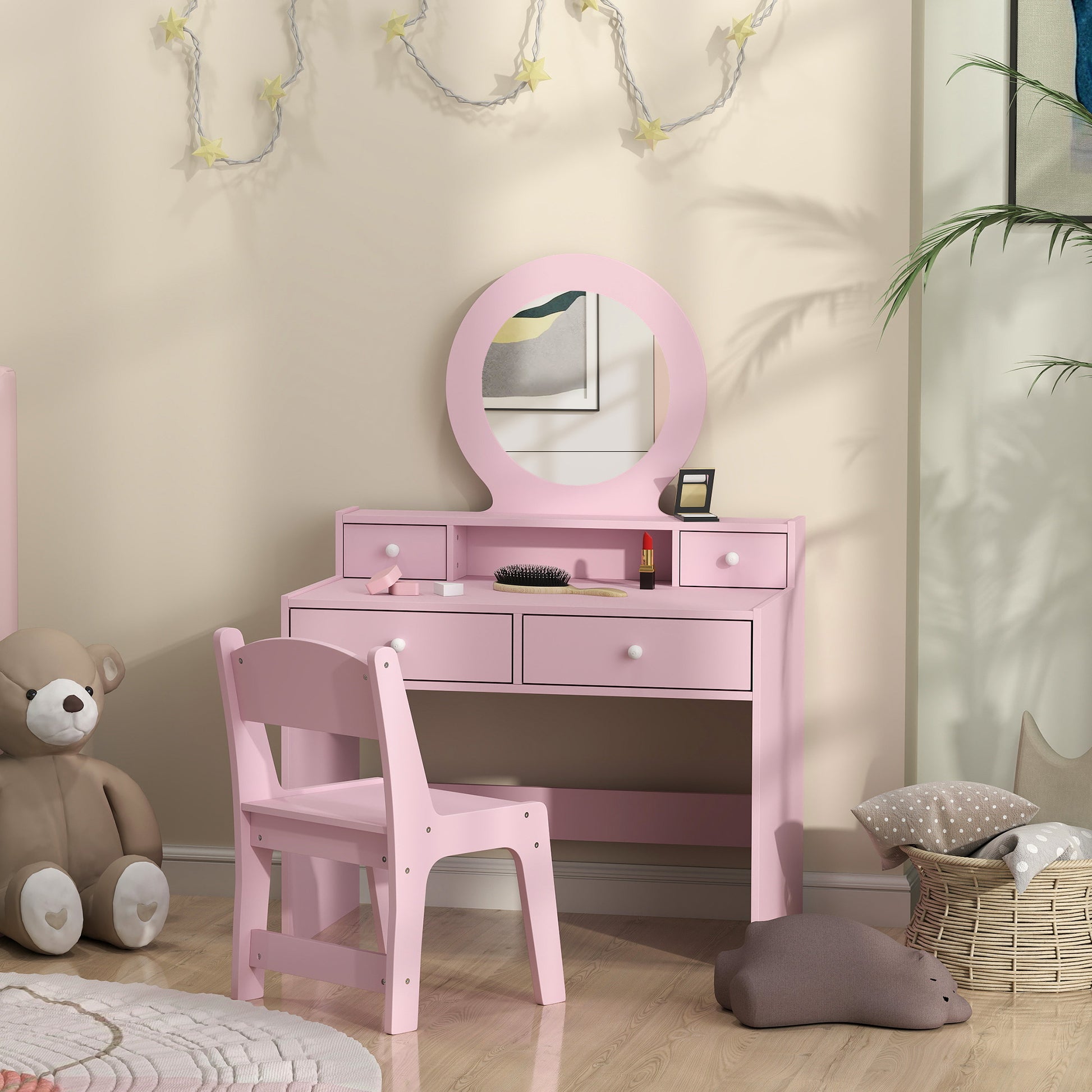 Qaba Kids Vanity Set, Children Makeup Table with Mirror, Stool and Storage Drawers, for Ages 3-8, Pink