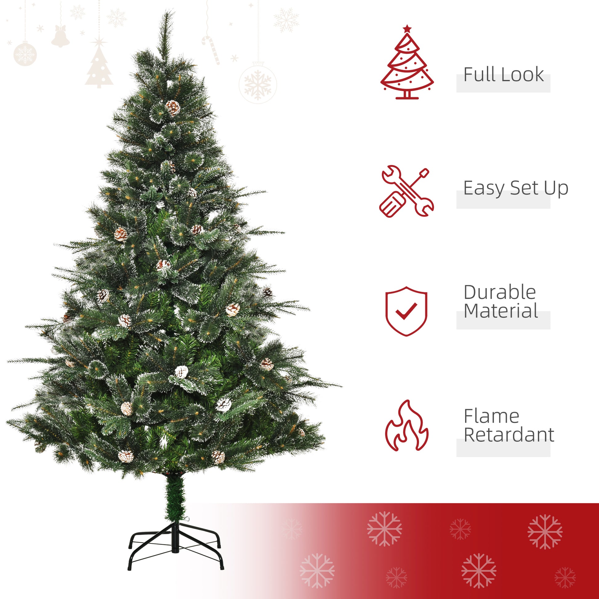 HOMCM 6FT Artificial Christmas Snow Pine Tree Holiday Home Xmas Decoration with Automatic Open, Pinecone, Green