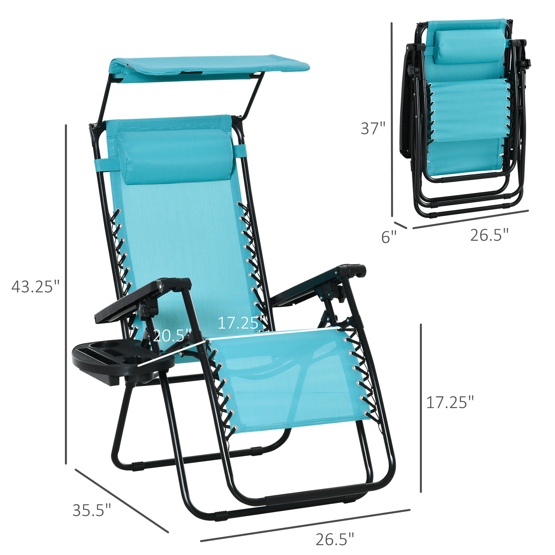 2 Piece Foldable Lounge Chair with Canopy Shade, Outdoor Zero Gravity Chair w/ Side Tray & Cup Holder, Reclining Lounger