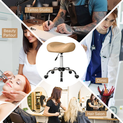 Saddle Stool, Height Adjustable Rolling Salon Chair with PU Leather for Massage, Spa, Clinic, Beauty and Tattoo, Brown