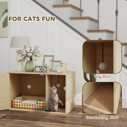 Cat Litter Box Enclosure, Cat Washroom End Side Table with Rattan Door, Scratching Pad, Non-slip Foot Pads, Oak