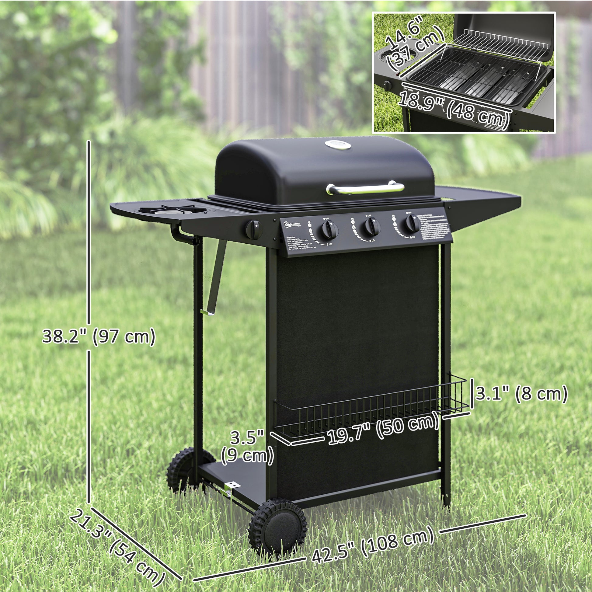 3+1 Burner Propane Gas BBQ Grill, Portable Gas Barbecue Grill with Side Burner, Thermometer, Lid, Side Table, Shelf, Spi