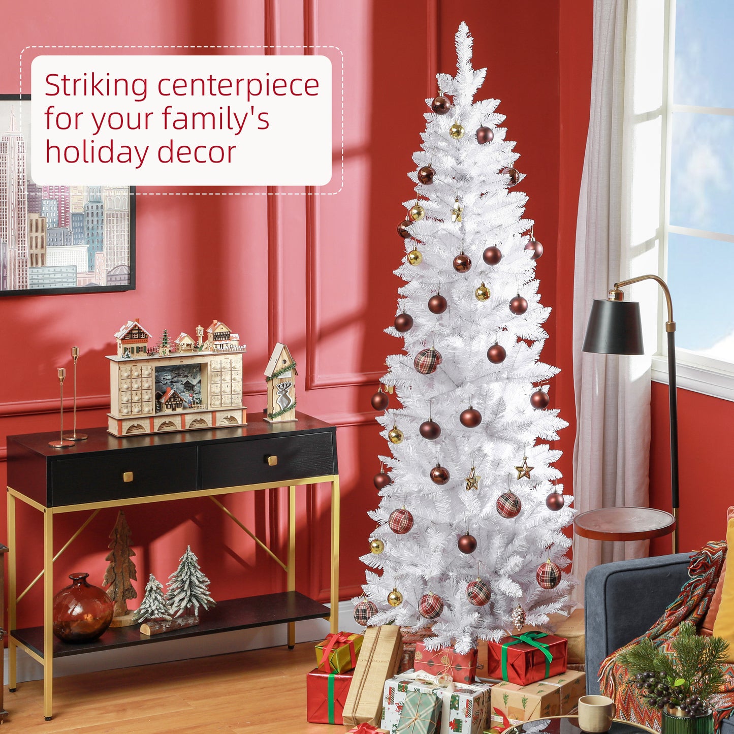 7ft Tall Pencil Artificial Christmas Tree with 687 Branch Tips with Steel Base, White