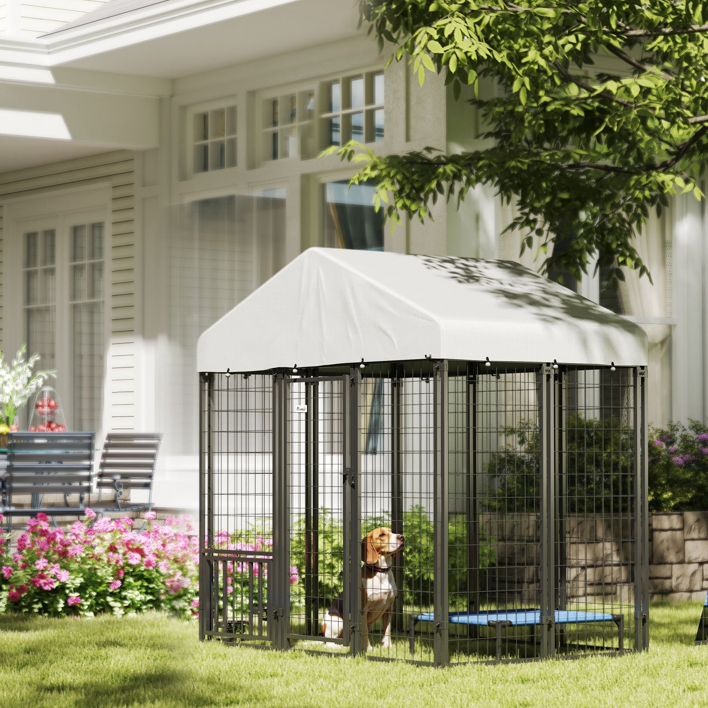 Outdoor Dog Kennel with Waterproof UV-Resistant Cover, Rotating & 4-Level Adjustable Feeding Bowls, 5.9 x 4 x 6 ft