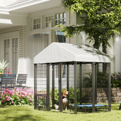 Outdoor Dog Kennel with Waterproof UV-Resistant Cover, Rotating & 4-Level Adjustable Feeding Bowls, 5.9 x 4 x 6 ft