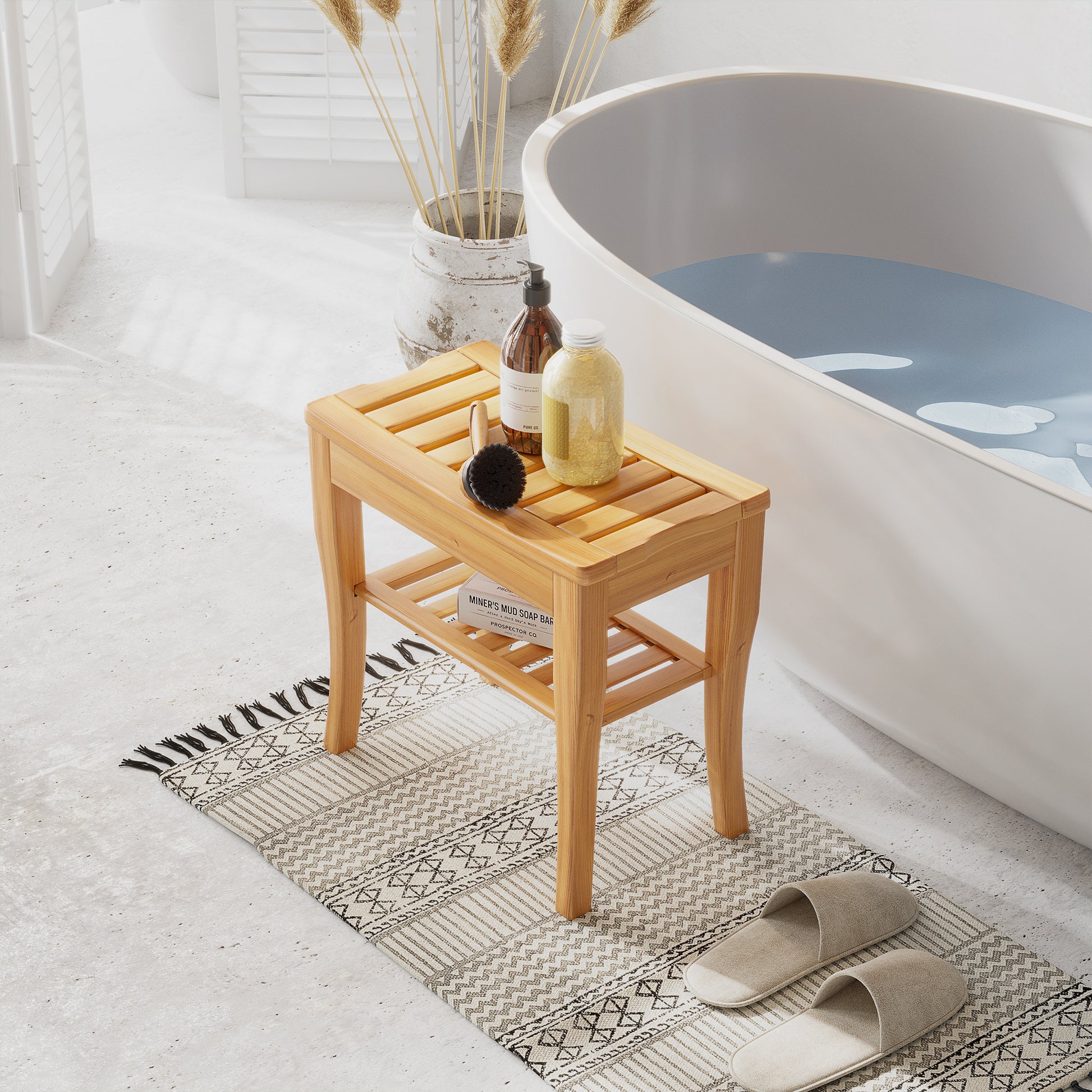 20" Bamboo Shower Bench Bathroom Stool Spa Bath Seat Organizer Storage Shelf
