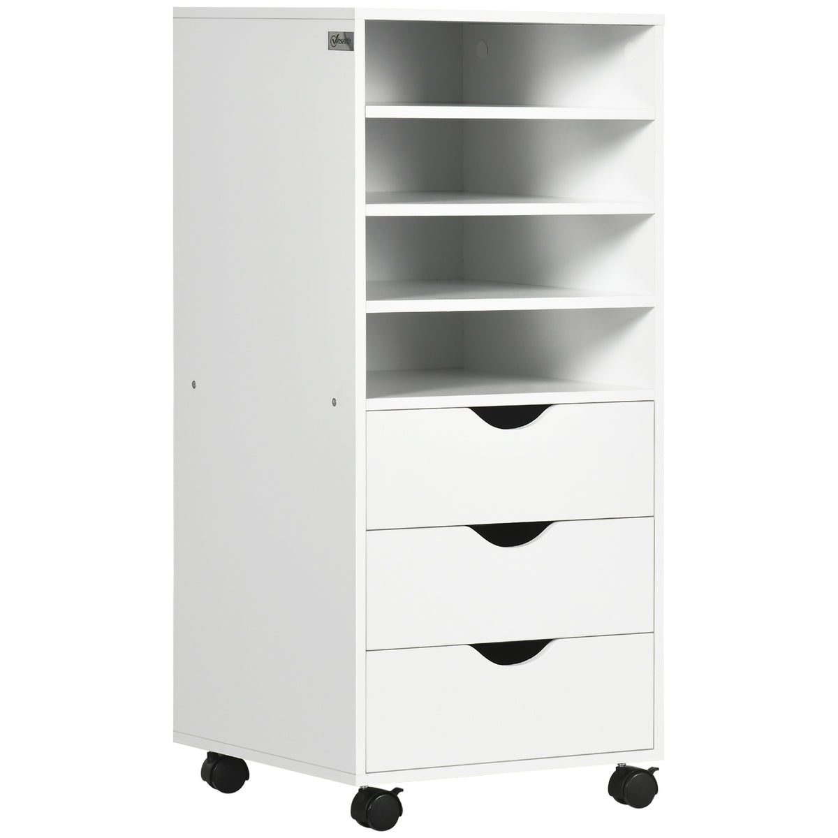 Vertical Filing Cabinet, Mobile File Cabinet on Wheels with 3 Drawers and 4 Open Shelves, Printer Stand with Lockable Ca
