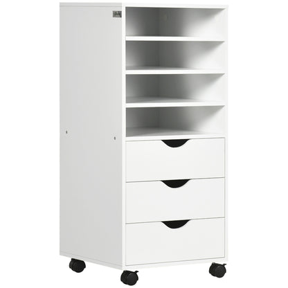 Vertical Filing Cabinet, Mobile File Cabinet on Wheels with 3 Drawers and 4 Open Shelves, Printer Stand with Lockable Ca