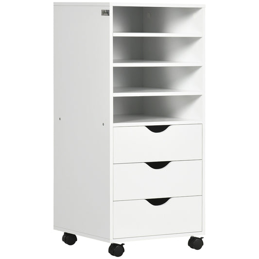 Vertical Filing Cabinet, Mobile File Cabinet on Wheels with 3 Drawers and 4 Open Shelves, Printer Stand with Lockable Ca