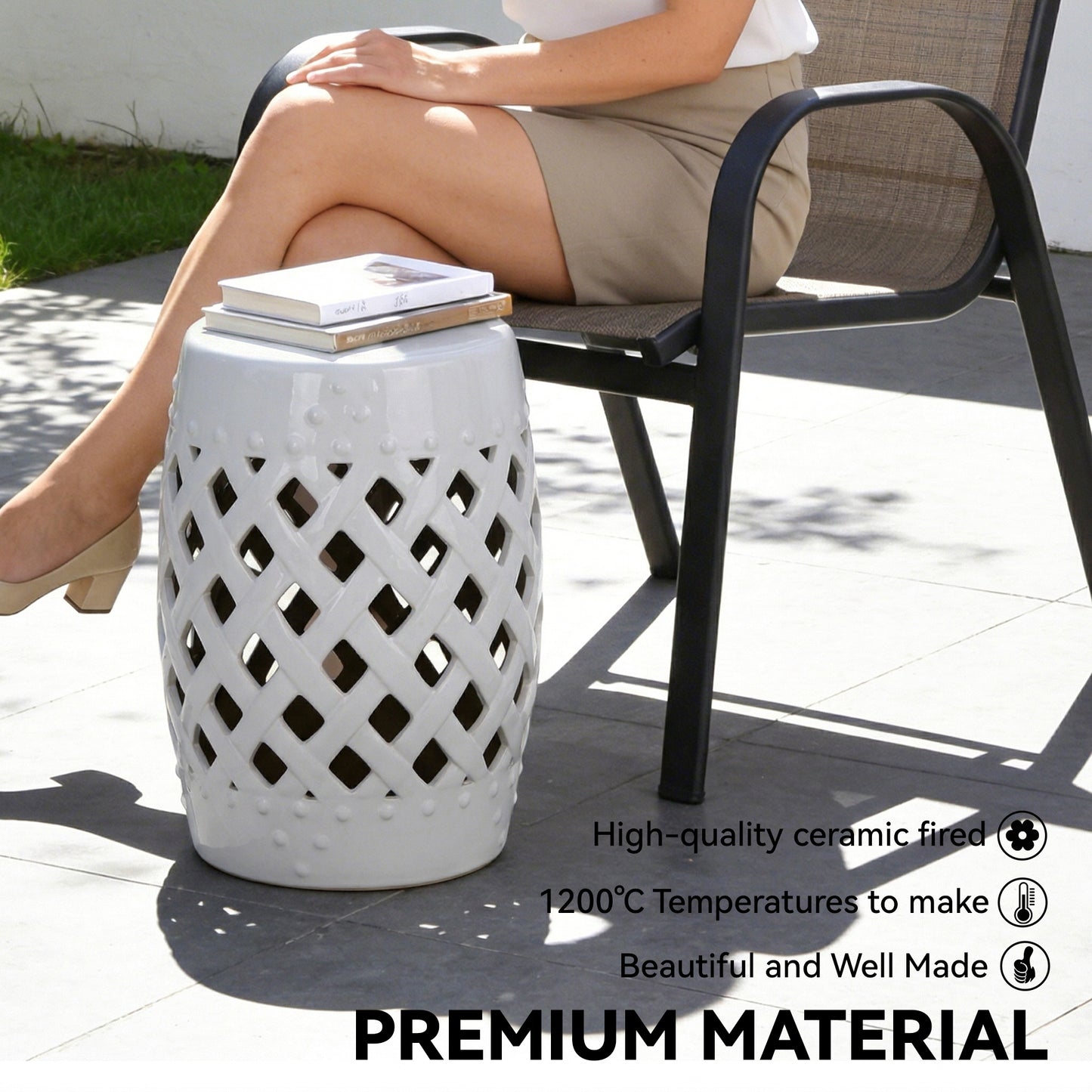 12.4" x 17.9" Ceramic Garden Stool with Woven Lattice Design, Indoor & Outdoor Decorative Accent Stool, White