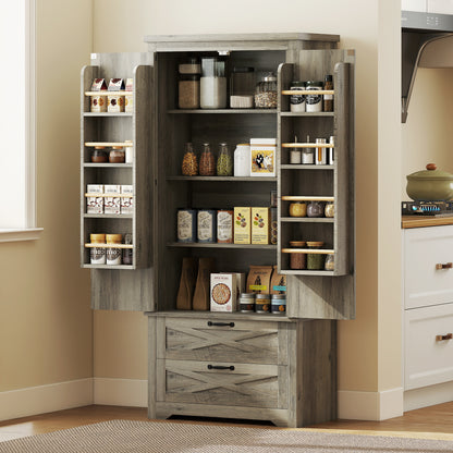 Farmhouse Kitchen Pantry Storage Cabinet, 64" Freestanding Kitchen Pantry Cabinet with Drawers, Distressed Grey