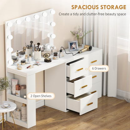 Vanity Desk with Mirror and 12 LED Lights, Makeup Table w/ Power Outlet, 3 Light Colour, 6 Drawers and 2 Shelves, White
