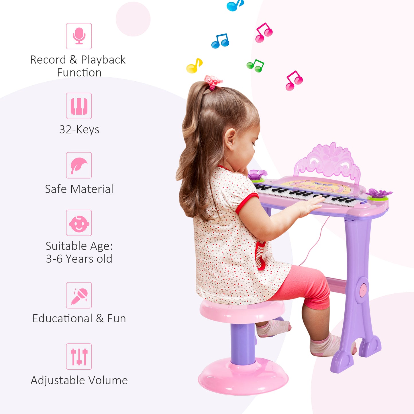 Qaba Kids Piano Electronic Keyboard Instrument with Microphone and Stool 32 Keys Musical Toy Organ Educational Gift for 