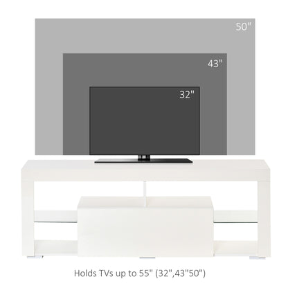 TV Stand for 55-Inch TVs, High Gloss TV Bench with LED Lights, Remote Control, Storage Drawer and Shelves, Entertainment