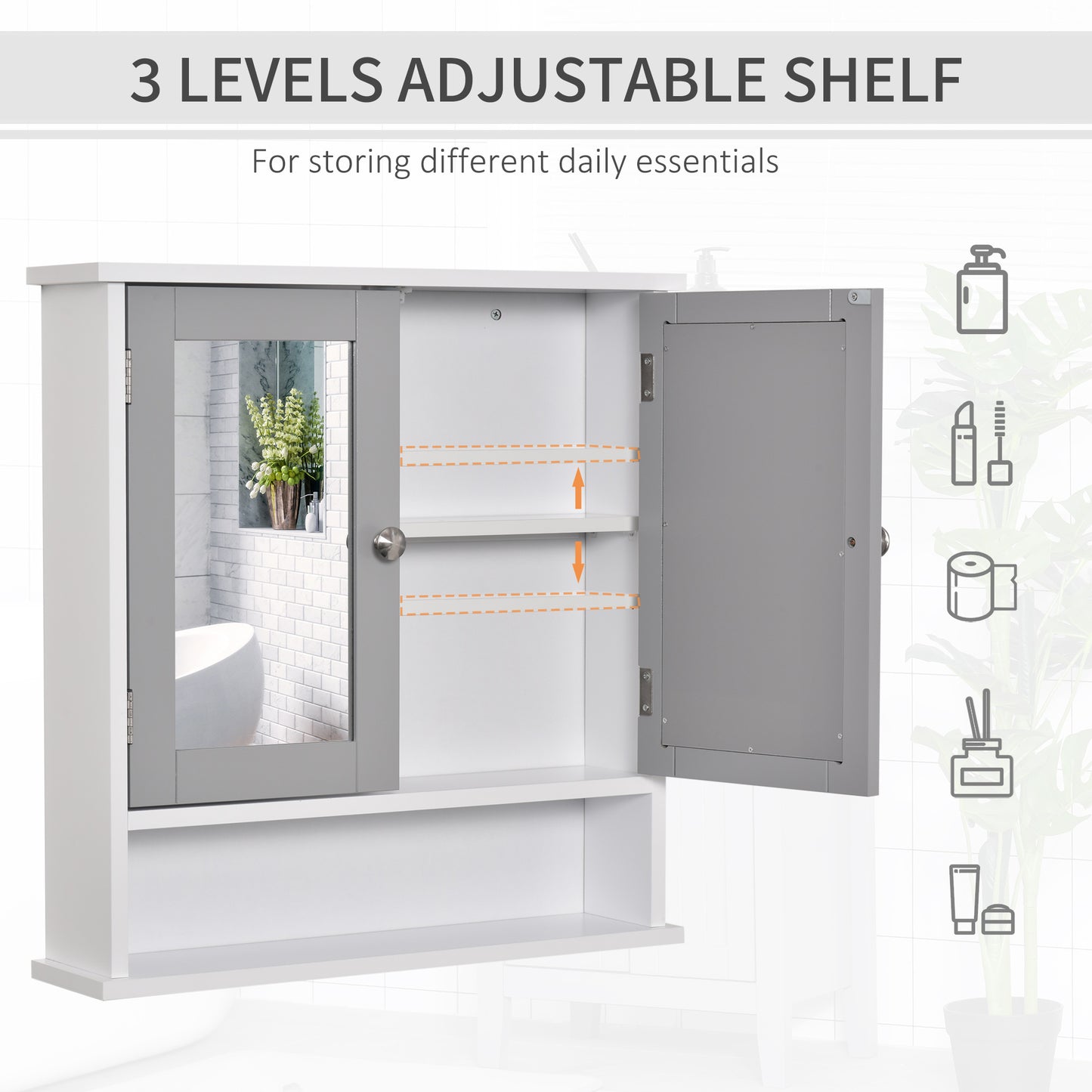 Medicine Cabinet, Wall-Mounted Bathroom Mirror Cabinet with Double Doors, Open Shelf, and Adjustable Shelf, Modern Bathr