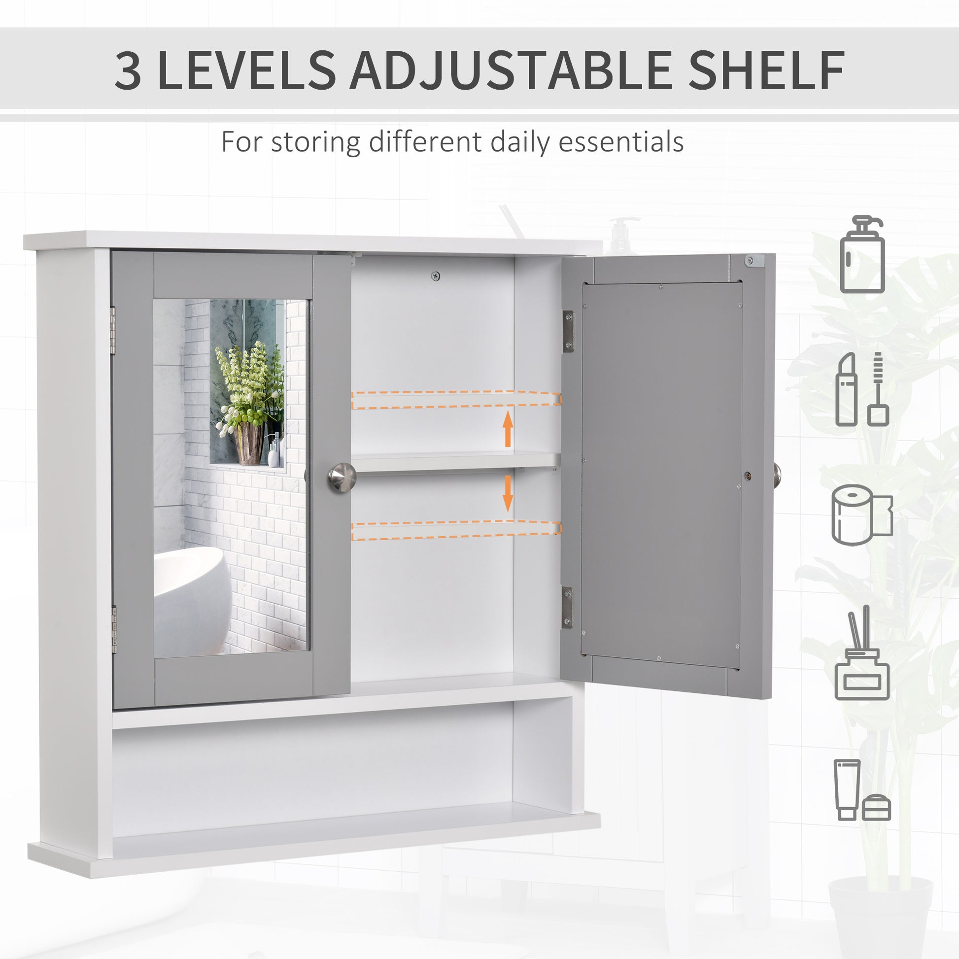 Medicine Cabinet, Wall-Mounted Bathroom Mirror Cabinet with Double Doors, Open Shelf, and Adjustable Shelf, Modern Bathr