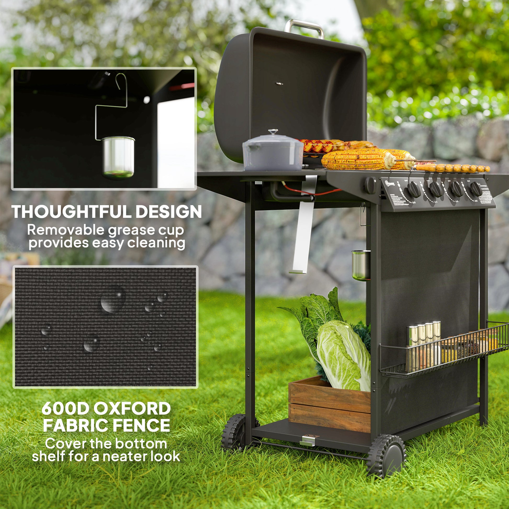 4+1 Burner Propane Gas BBQ Grill, Portable Gas Barbecue Grill with Side Burner, Thermometer, Lid, Side Table, Shelf, Spi