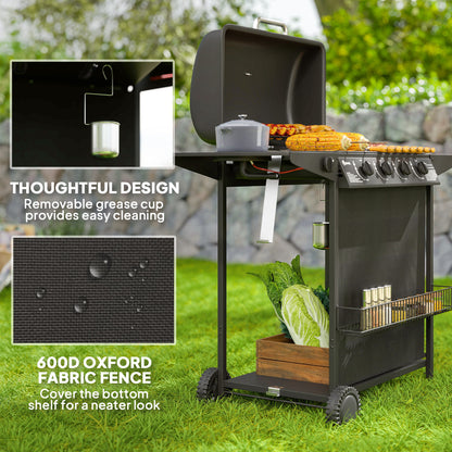 4+1 Burner Propane Gas BBQ Grill, Portable Gas Barbecue Grill with Side Burner, Thermometer, Lid, Side Table, Shelf, Spi