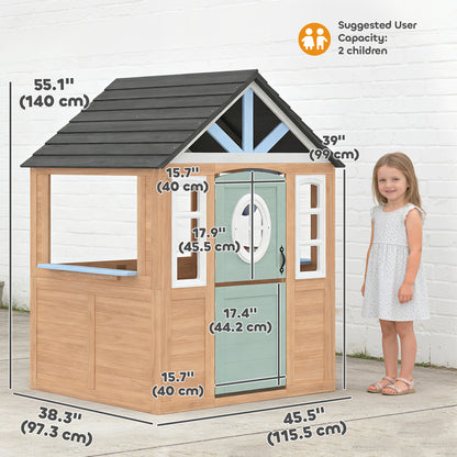 Qaba Kids Outdoor Playhouse, Wooden Cottage Play House with Pet Door, Play Kitchen, Half Door and Windows for Indoor Out