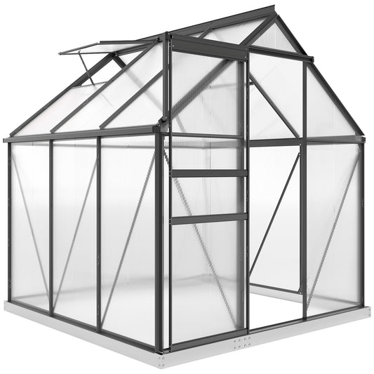 6' x 6' x 6.5' Polycarbonate Greenhouse, Walk-in Green House with Adjustable Roof Vent Galvanized Base Sliding Door Rain