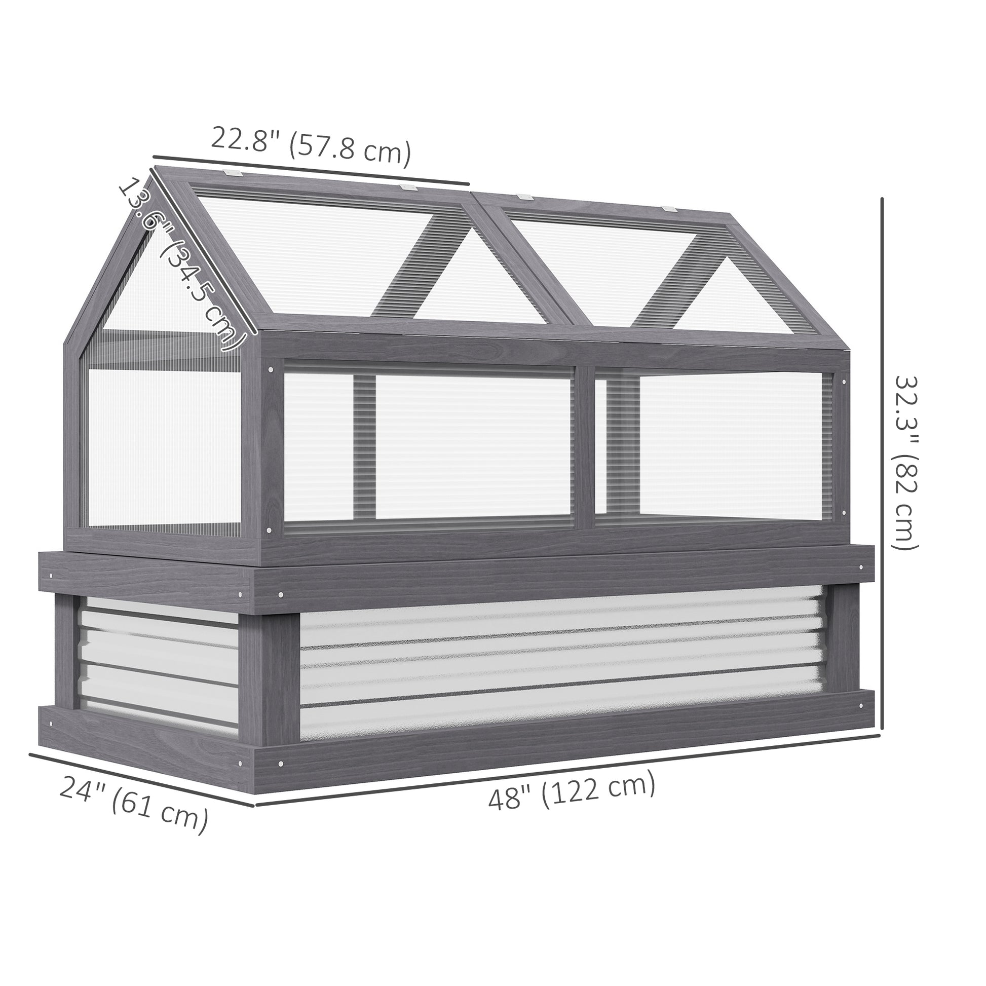 Raised Garden Flower Bed Kit with Greenhouse, Wooden Cold Frame Planter with Open Roofs, 48" x 24" x 32", Grey