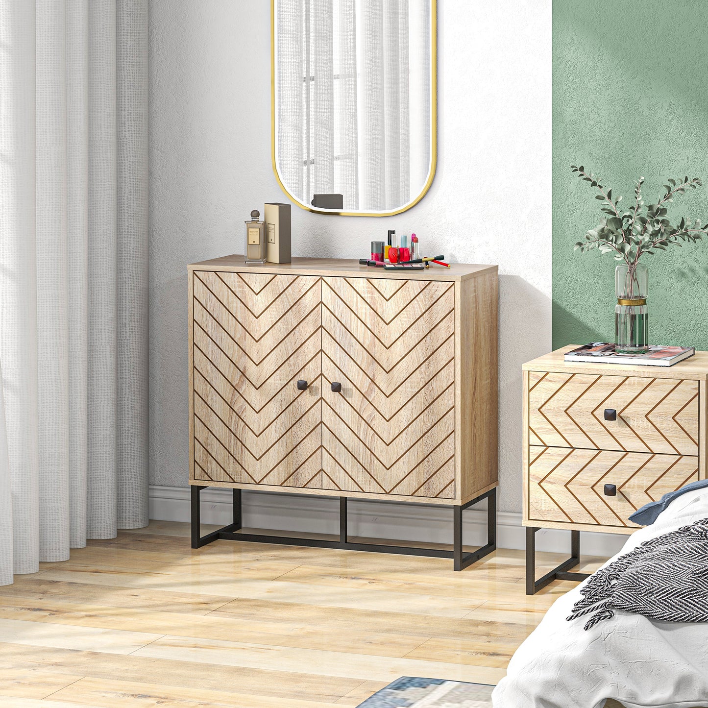 Modern Sideboard, Buffet Cabinet with 2 Chevron Doors and Adjustable Shelf, Kitchen Storage Cabinet with Steel Base, Cof