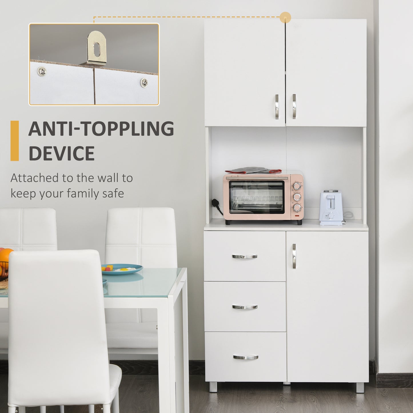 Freestanding Kitchen Buffet with Hutch Storage Organizer with 2 Door Cabinets, 3 Drawers and Open Countertop, Adjustable