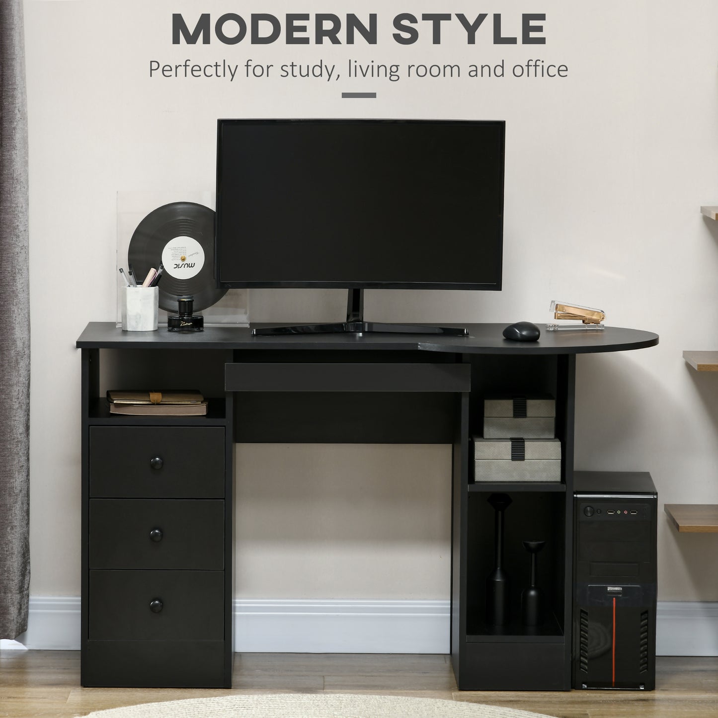 Computer Desk with Storage, Home Office Laptop Table with Shelves and Drawers, Modern Workstation Desk with Keyboard Tra