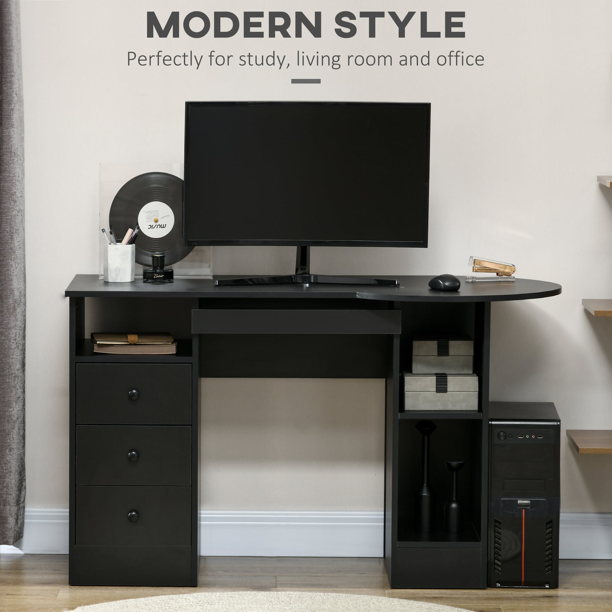 Computer Desk with Storage, Home Office Laptop Table with Shelves and Drawers, Modern Workstation Desk with Keyboard Tra