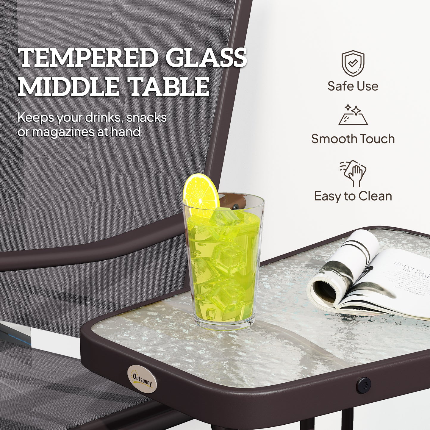 Double Patio Glider Chair with Glass Top Center Table, Outdoor Glider Loveseat with High Back,  All Weather Breathable M