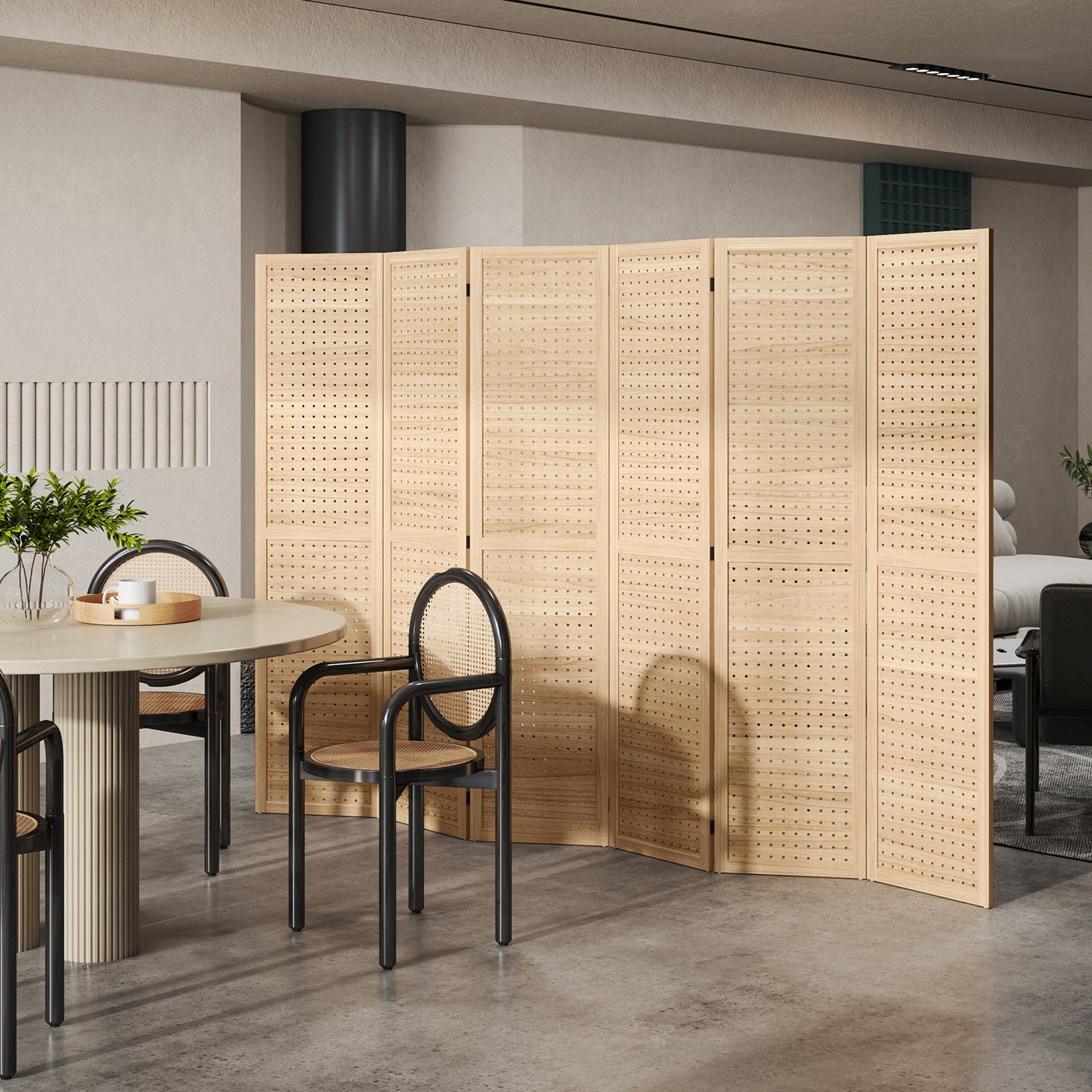 5.6 Ft. Tall 6-Panel Room Divider, Pegboard Panel Freestanding Folding Privacy Screen Panels, Partition Wall Divider for