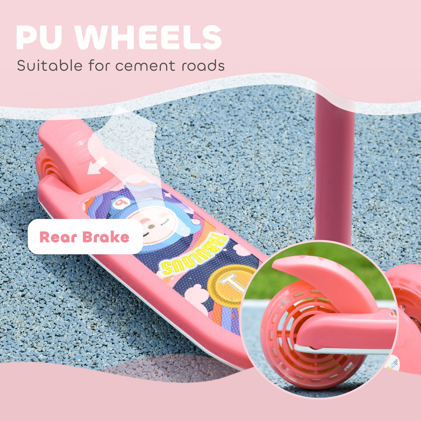Qaba 3 Wheel Kids Scooter, Toddler Kick Scooter with Adjustable Height, Rear-Fender Brake, LED Light, TPE Handlebar, Pin