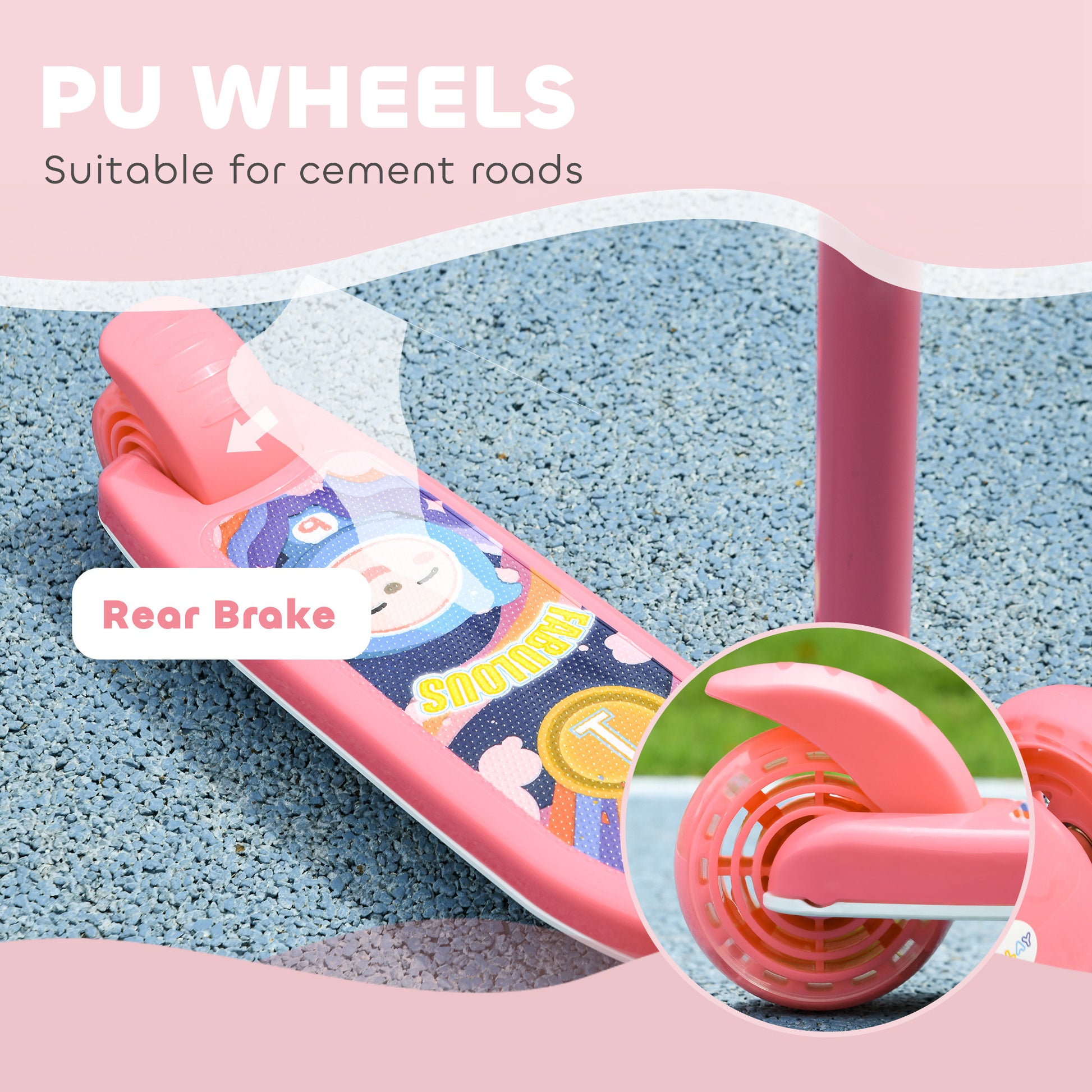 Qaba 3 Wheel Kids Scooter, Toddler Kick Scooter with Adjustable Height, Rear-Fender Brake, LED Light, TPE Handlebar, Pin