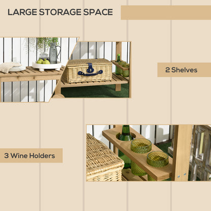 Outdoor Bar Cart, Wood Rolling Home Bar & Serving Cart with 2 Shelves, Wine Bottle Holders for Garden, Dining Room, Natu