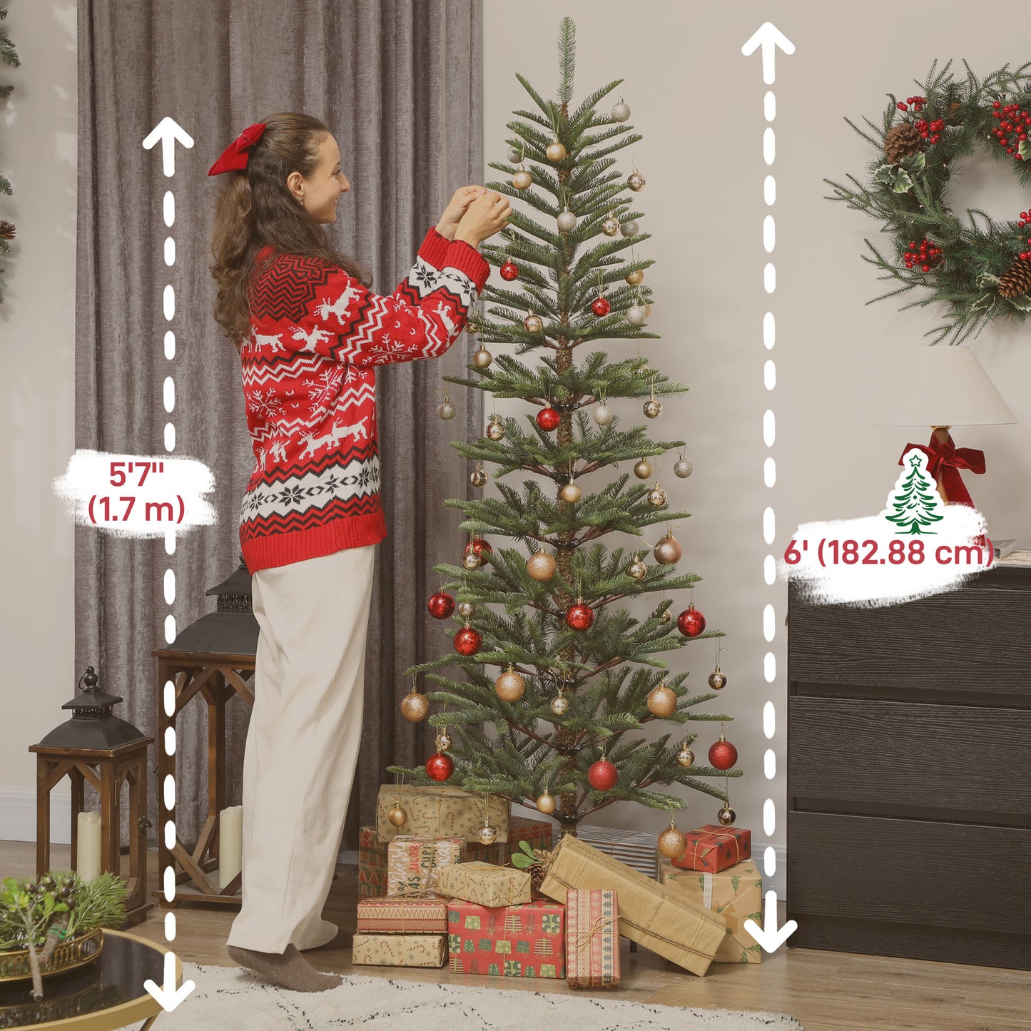 6 ft Artificial Fir Pencil Christmas Tree, Hinged Xmas Tree with 442 Branch Tips and Metal Stand, Easy Assembly, Green