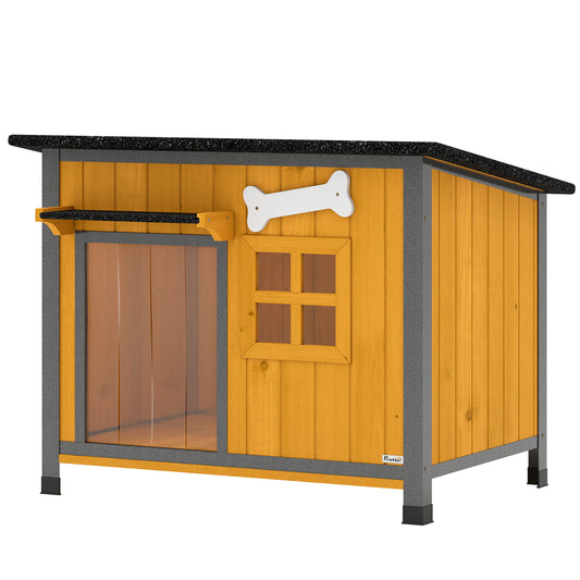 Outdoor Dog House with Anti-Chewing Steel Frame, Openable Roof, Removable Floor, Door Curtain, Yellow