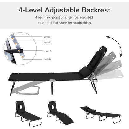 Adjustable Outdoor Lounge Chair, Garden Folding Chaise Lounge with Face Hole Reclining Tanning Chair Seat, Folding Campi