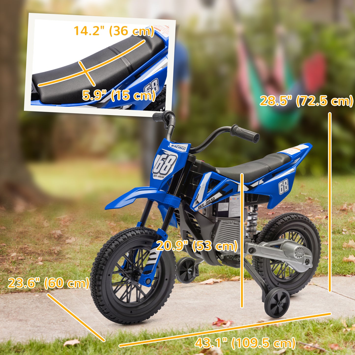 Qaba 12V Kids Dirt Bike, Electric Motorcycle with Twist Grip Throttle, Training Wheels, Rear Suspension & Music, Blue