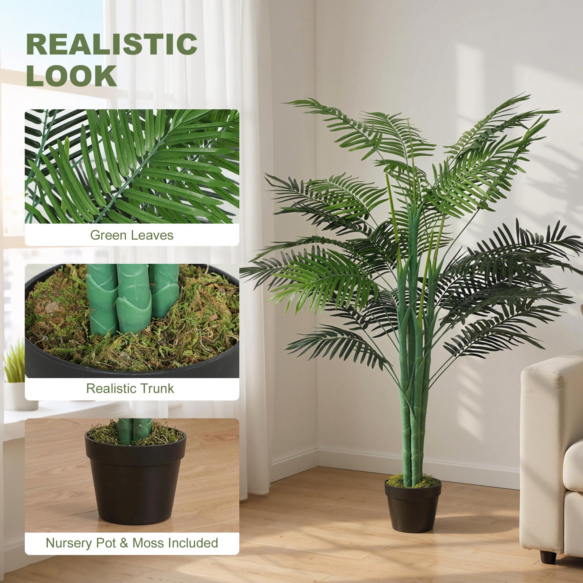 5FT Artificial Palm Tree Set of 2, Fake Tropical Tree with Lifelike Leaves, Faux Plant in Pot for Indoor Decoration, Gre