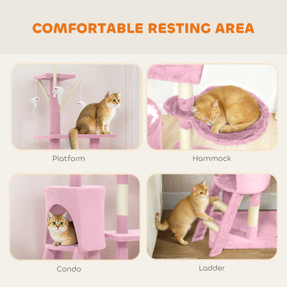 53" Cat Tree Tower, Kitten Activity Centre with Scratching Posts, Condo, Perches, Ladder, Hammock, Dangling Toys, Pink