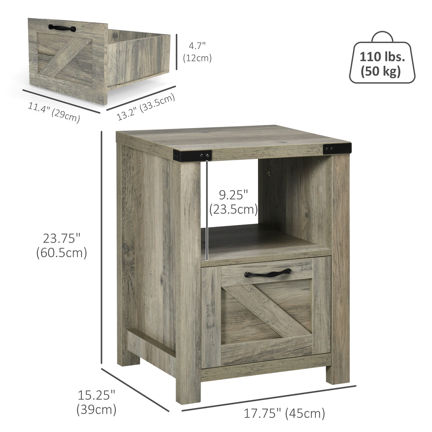 Small Side Table with Storage, Farmhouse End Table with Drawer, Open Shelf and Barn-style Panel, Nightstand for Living R