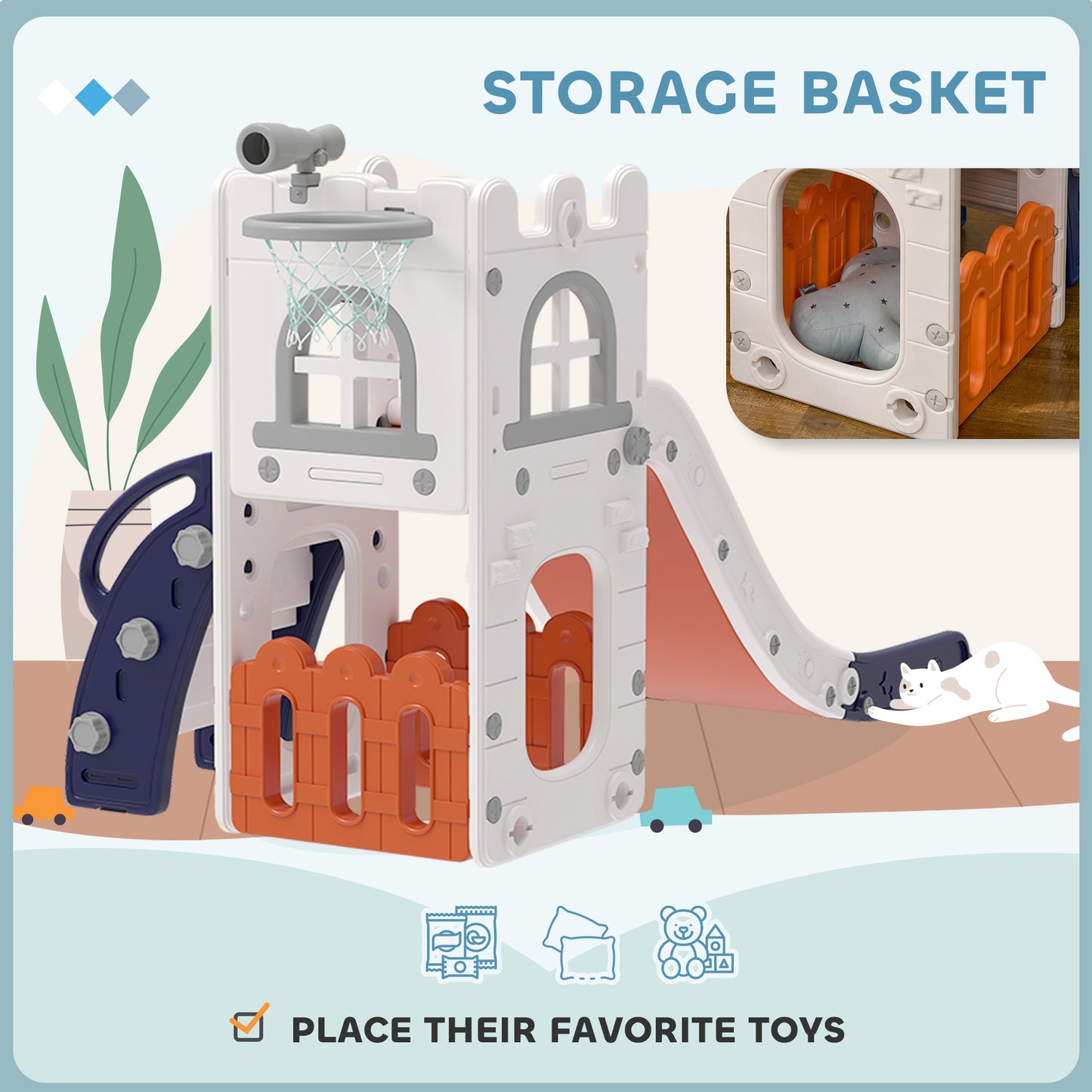 Qaba 5 in 1 Toddler Slide with Basketball Hoop, Climber, Telescope, Storage Basket, for 1-3 Years Kids Indoor Use, Orang