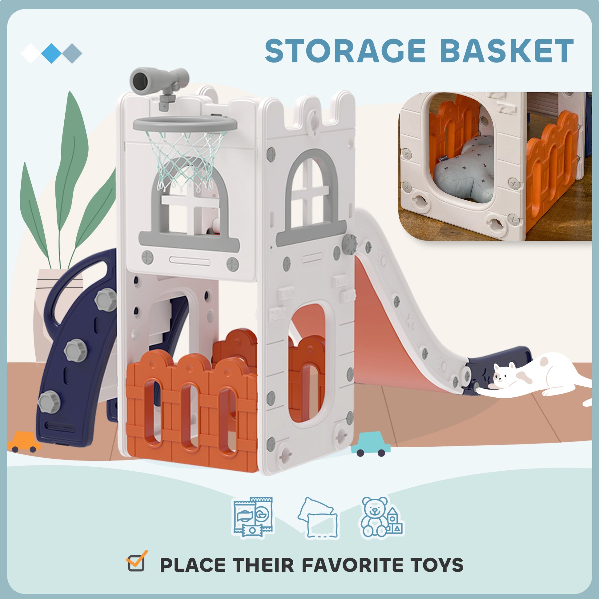Qaba 5 in 1 Toddler Slide with Basketball Hoop, Climber, Telescope, Storage Basket, for 1-3 Years Kids Indoor Use, Orang